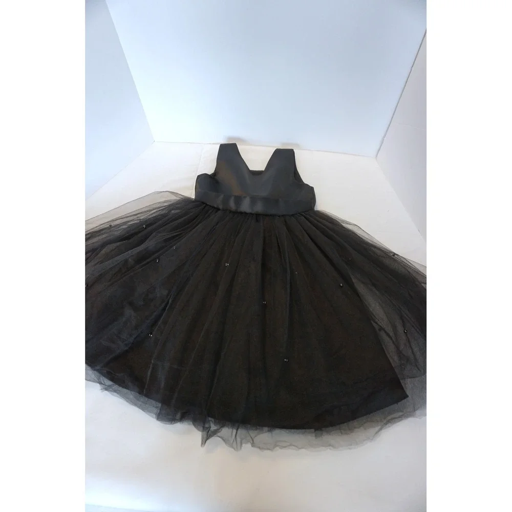 Black Tulle Pearl Beaded V-Back Bow Party Dress Kids Size 6 Formal Wedding